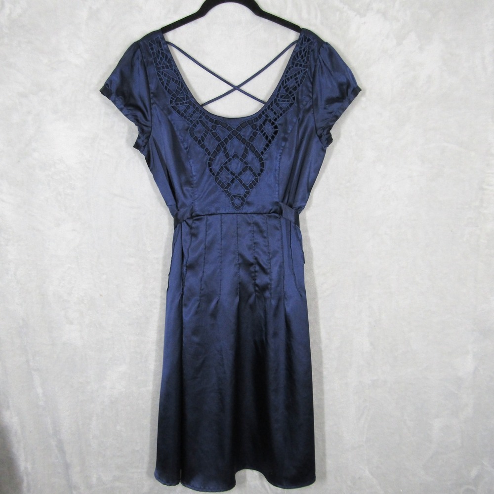 Lulumari Blue Satin Cocktail Dress Crochet Lace Strappy Back Womens Large Y2K